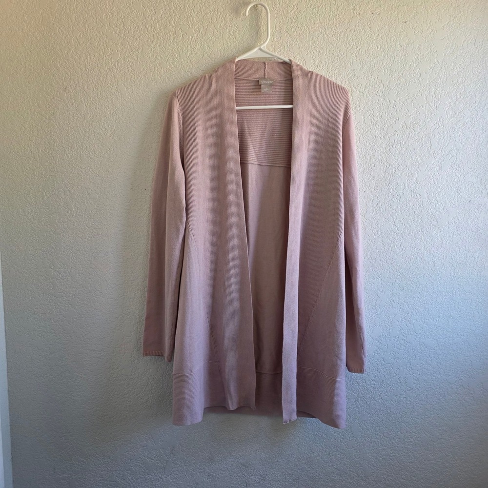 Chico's Women Pink Open Front Cardigan Size 0 Ribbed Longline Layering FLAW